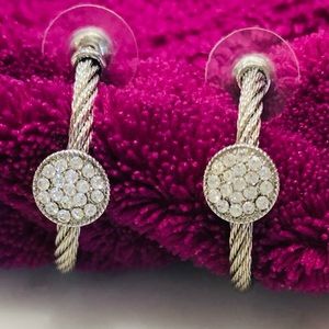 1 inch silver tone with CZ pave hoops for pierced ears. pre owned